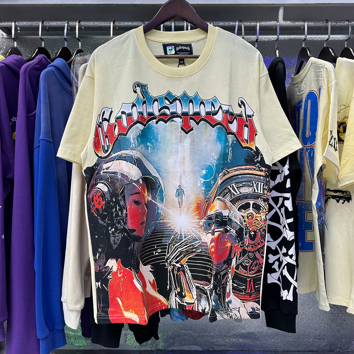 Godspeed T-shirts Astronaut Robot Printed Cotton Casual Short Sleeve Men and Women