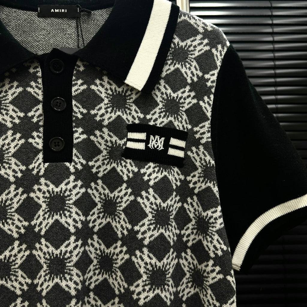 AMIRI Geometric Jacquard Color‑Block Short‑Sleeve Knit Polo Shirt