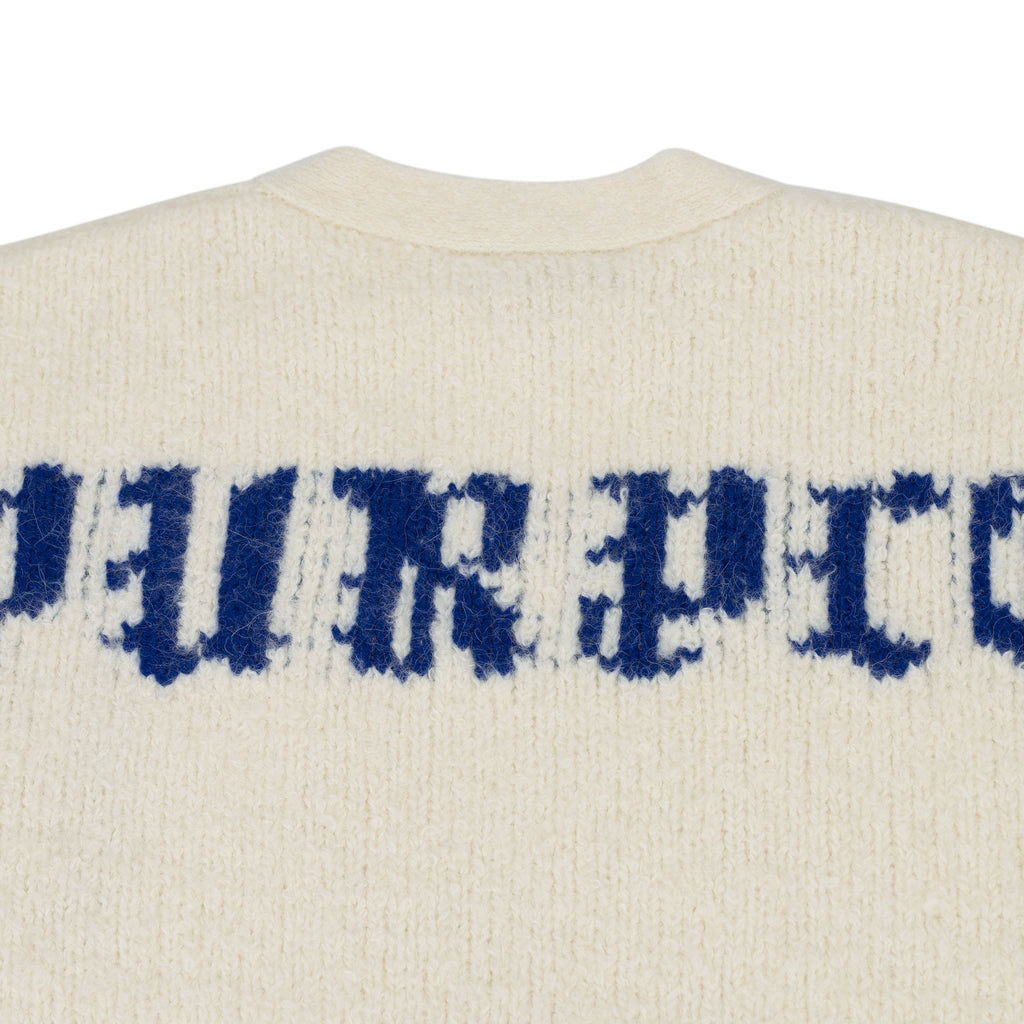 White Intarsia Knit Logo Cardigan