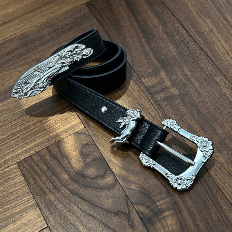 Cherub Angel Dagger Engraved Leather Belt Vintage Gothic Metal Tip