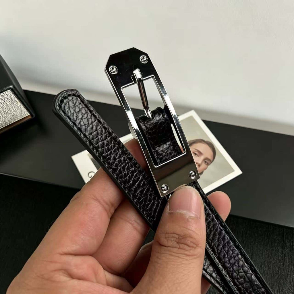 Litchi Grain Leather Belt Irregular Metal Buckle Minimalist Waist Belt