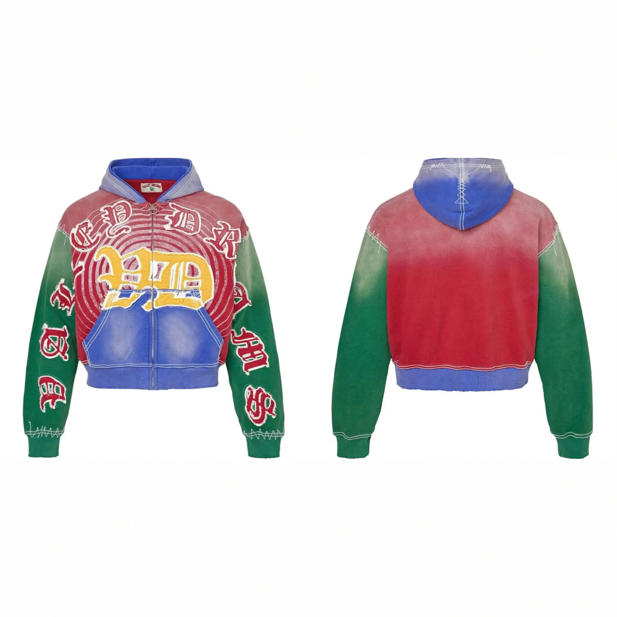 Vale Forever Gothic Letter Scatter Zip Hoodie — Red / Green / Blue