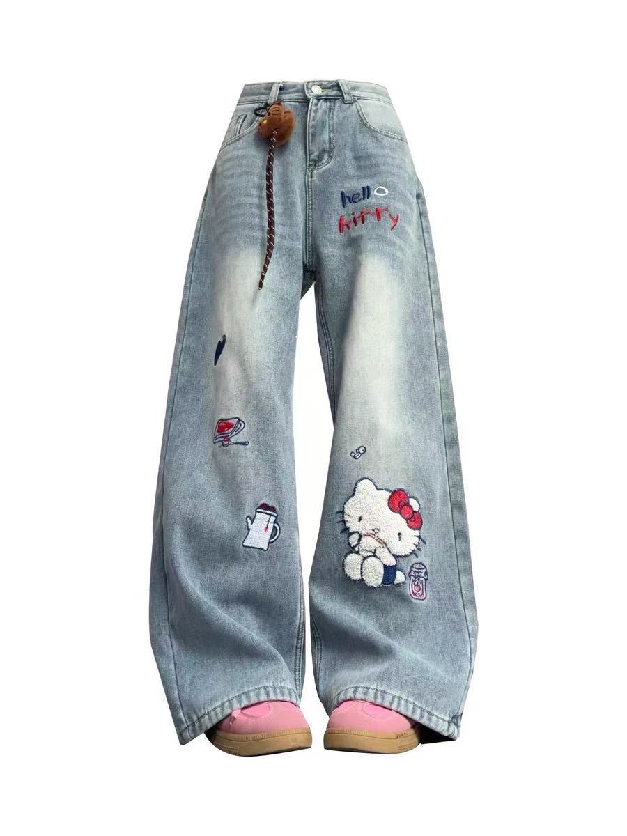 Vintage High Waist Hello Kitty Embroidered Wide Leg Denim Jeans