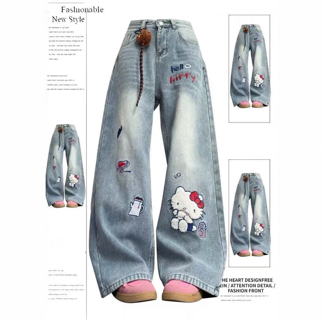 Vintage High Waist Hello Kitty Embroidered Wide Leg Denim Jeans
