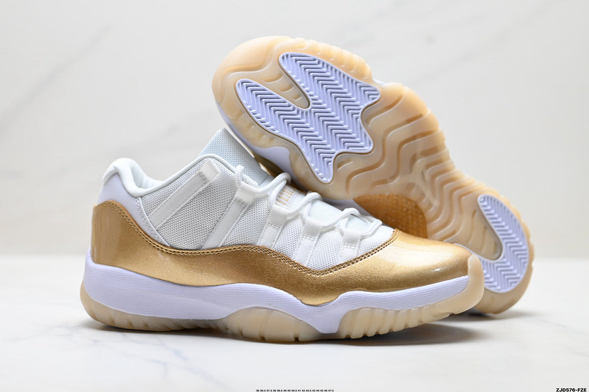 Air Jordan 11 Retro White and Metallic Gold Unisex Sneakers Style 05