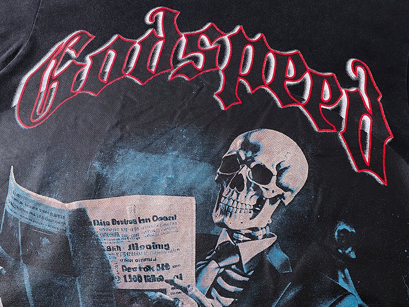 Godspeed Washed Black Skull Newspaper Graphic Short-Sleeve T-Shirt