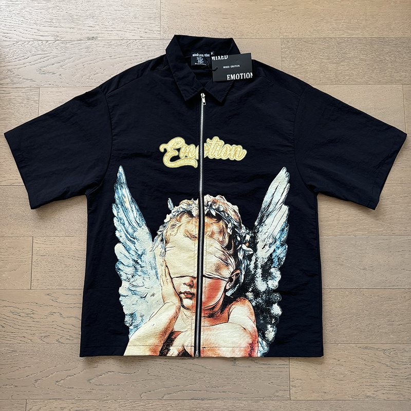 MIXED EMOTION Angel Graphic Zip-Front Short-Sleeve Shirt