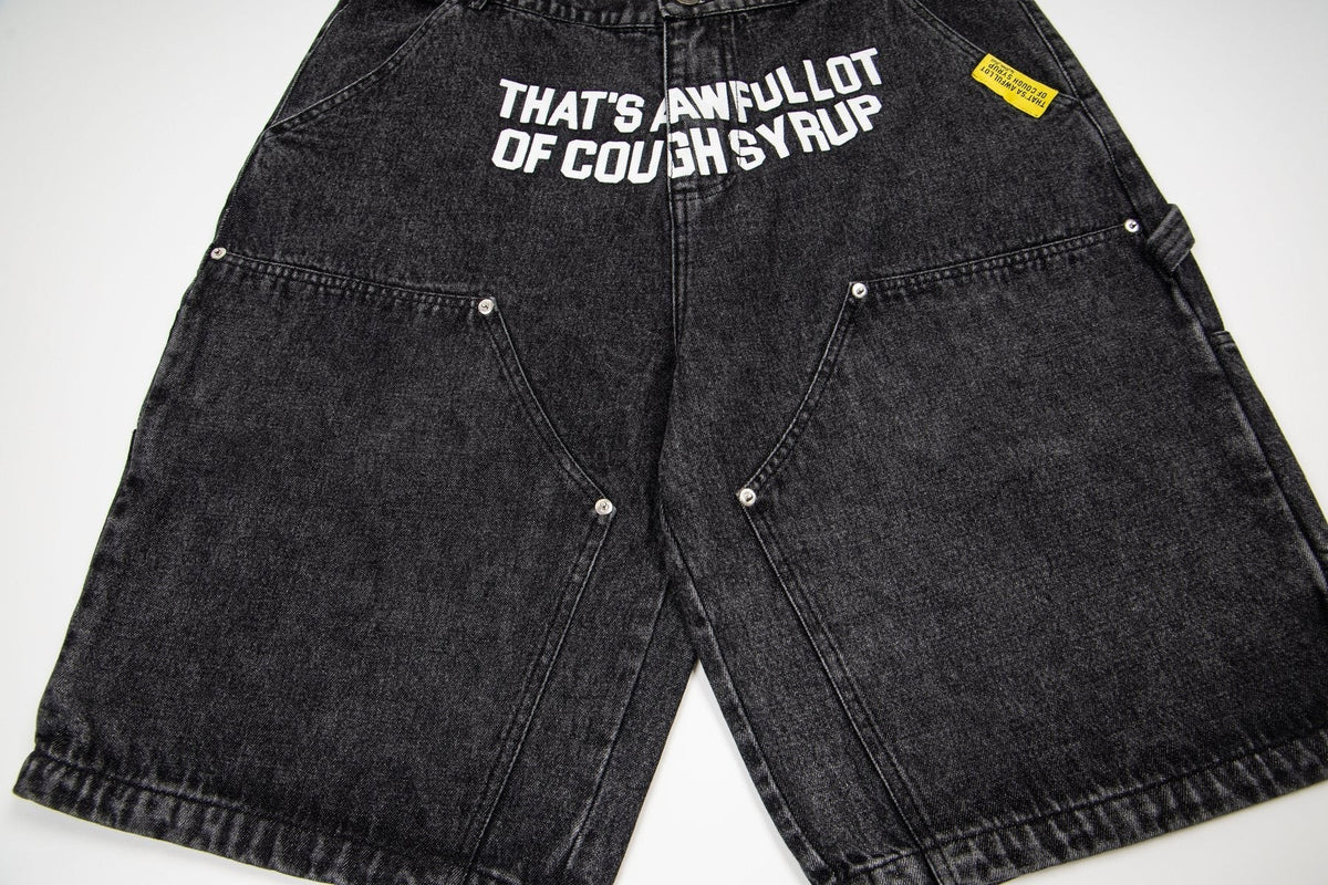 THAT'S A AWFUL LOT OF COUGH SYRUP Washed Denim Graphic Shorts