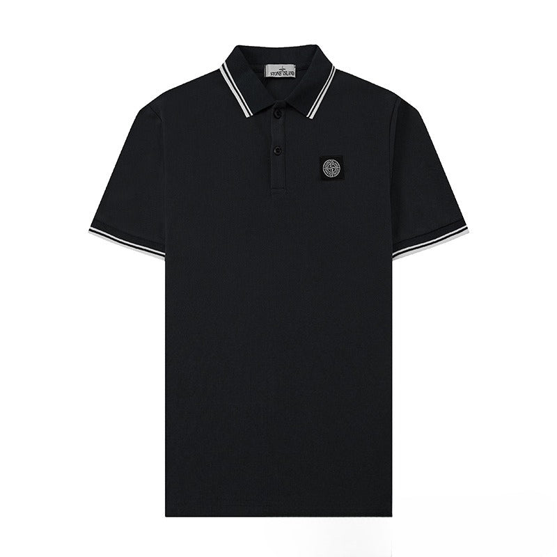 Stone Island Compass Patch Striped Collar Short Sleeve Polo Streetwear