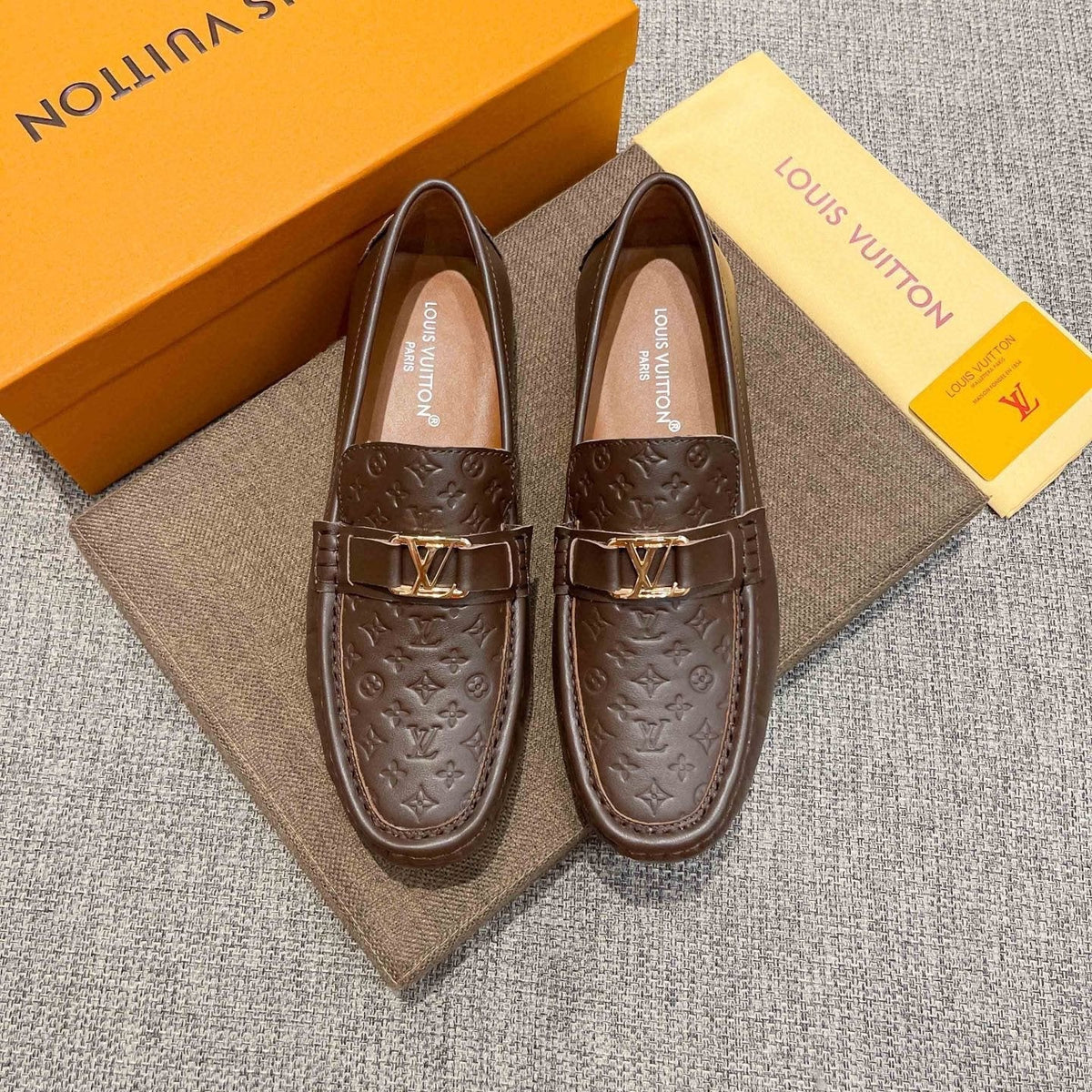 Louis Vuitton Men's Brown Embossed Hardware Loafers