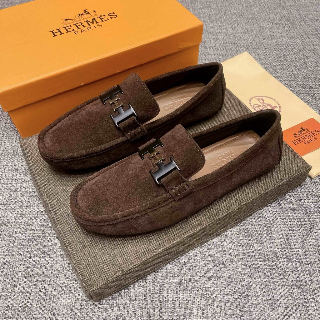 Hermès Brown Suede-Look H Hardware Loafers