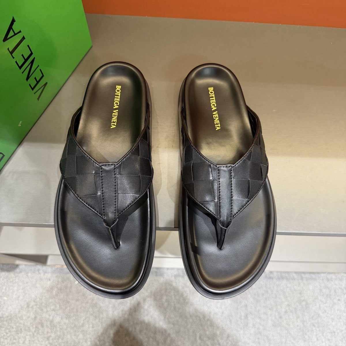 Bottega Veneta Men's Black Woven Thong Sandals