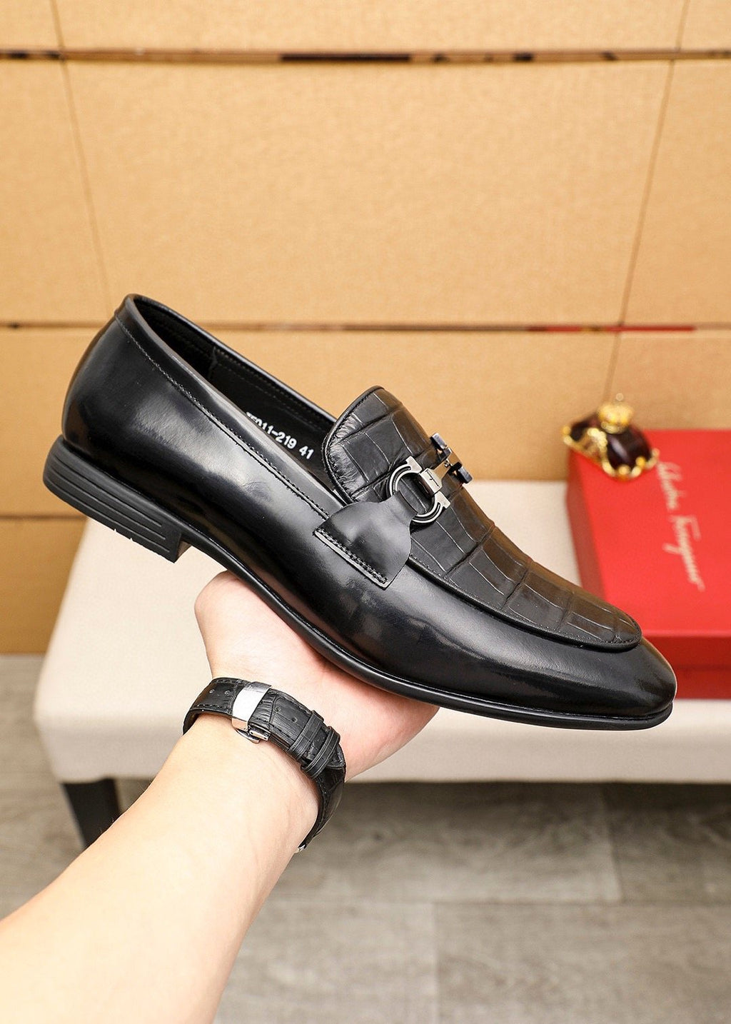 Ferragamo Black Embossed Buckle Loafers - Metal-Tone Vamp Buckle
