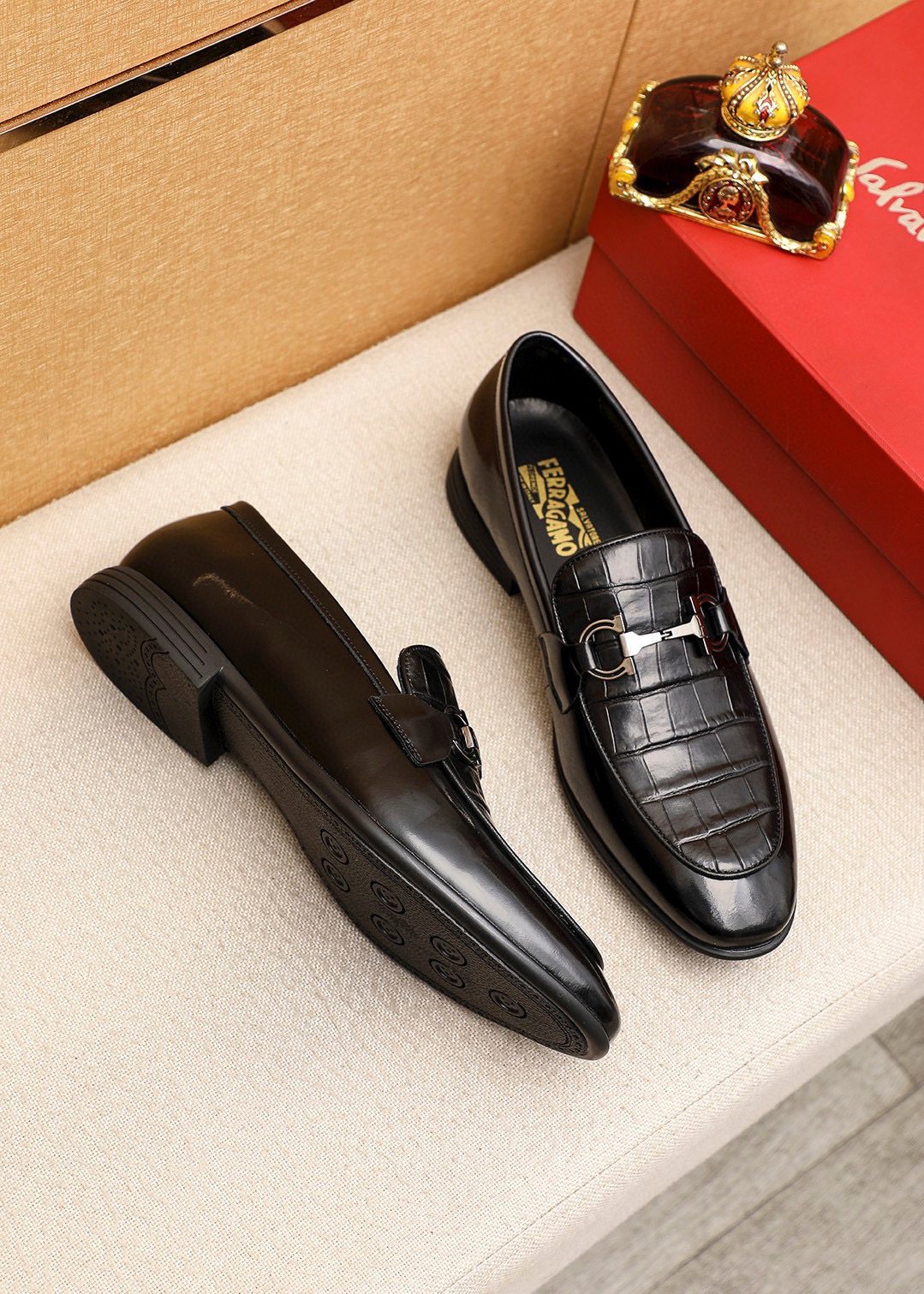 Ferragamo Black Embossed Buckle Loafers - Metal-Tone Vamp Buckle