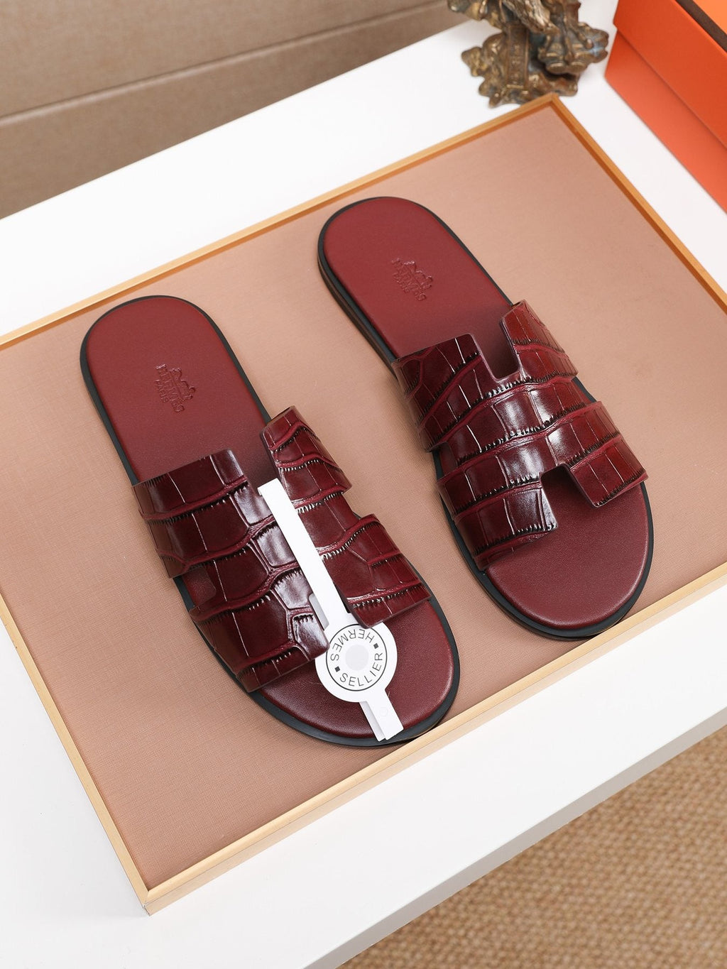 Hermès Burgundy Textured H Slide Sandals