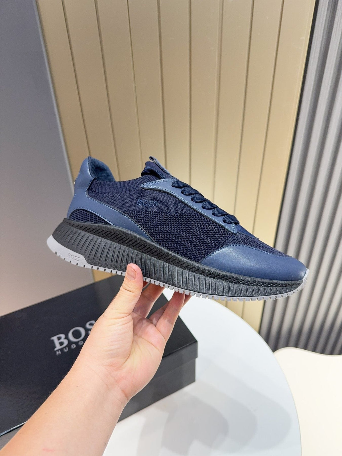 BOSS Navy Blue Knit Running Shoes