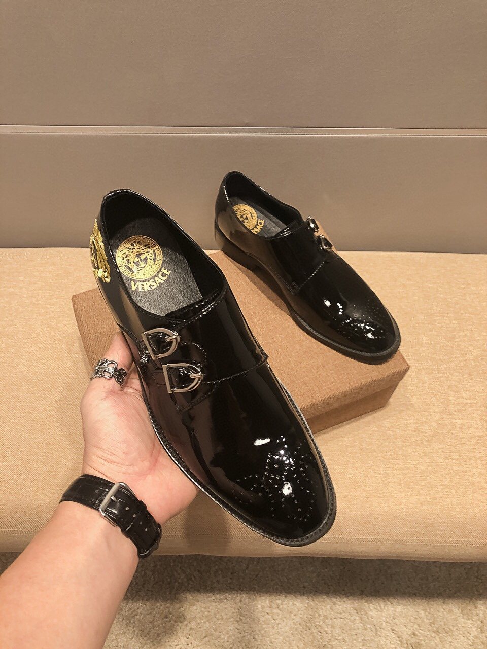 Versace Men's Black Embroidered Dress Shoes