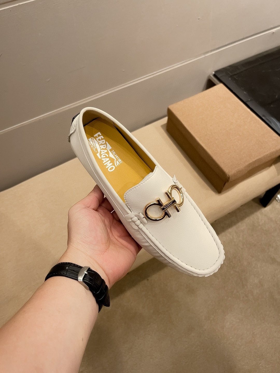 Ferragamo Men's White Hardware Loafers