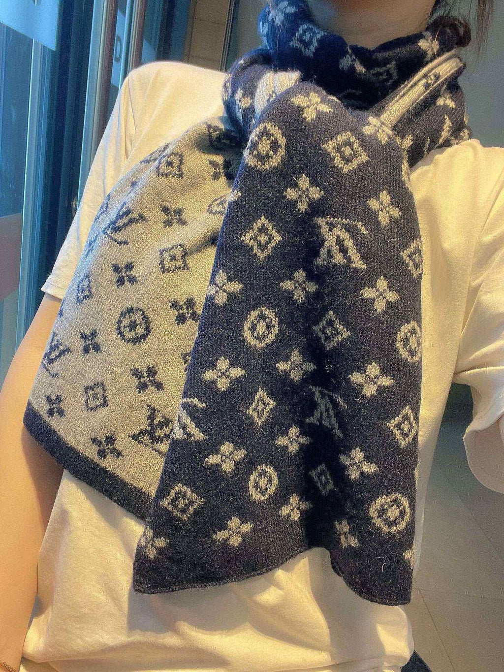 Louis Vuitton Navy and Gray Monogram Knit Scarf