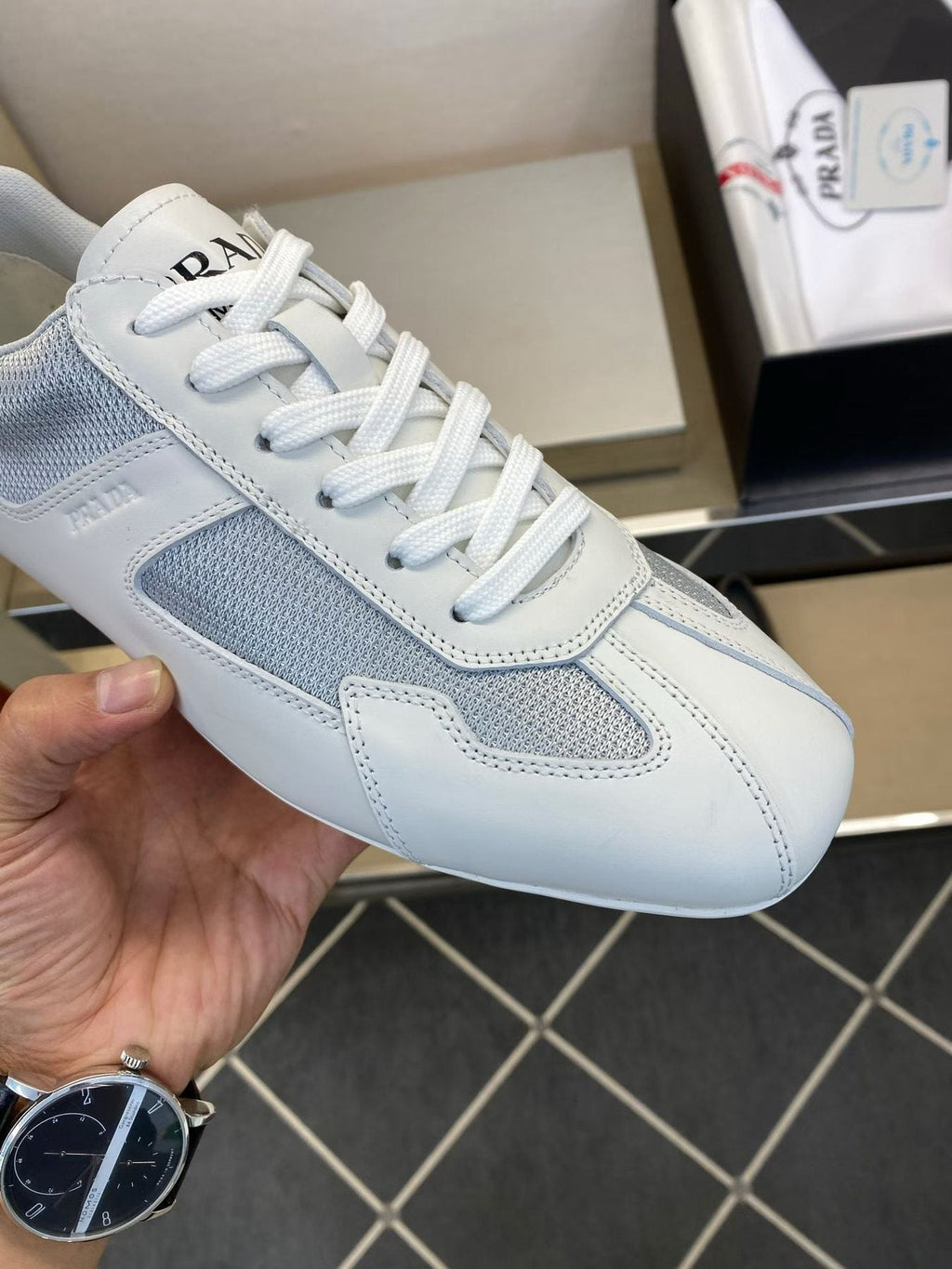 Prada Men's White and Light Gray Low-Top Sneakers