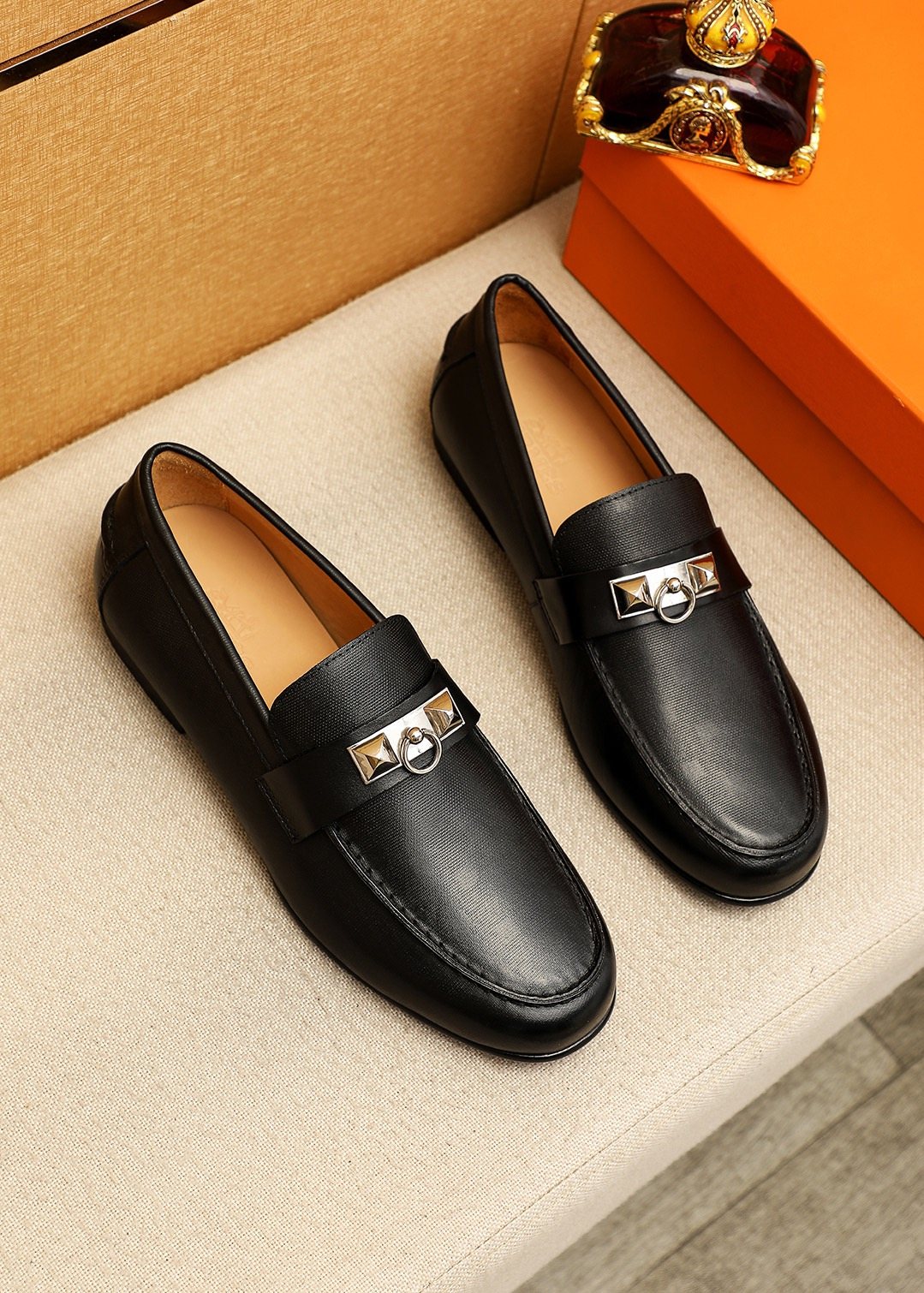 Hermes Black Leather Hardware Loafers
