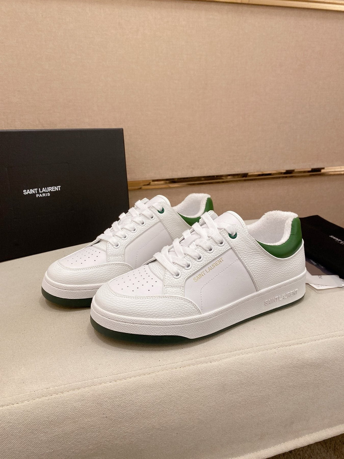 Saint Laurent White and Green Low-Top Sneakers