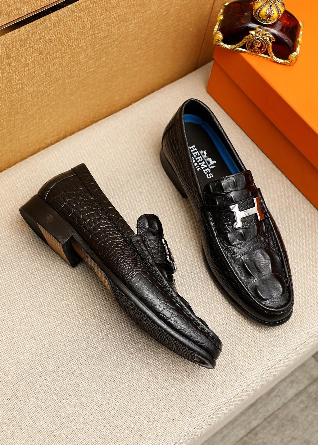 Hermès Crocodile-Embossed H-Hardware Loafers