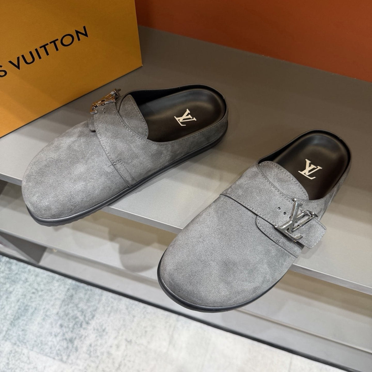 Louis Vuitton Men's Buckled Monogram Mule Shoes