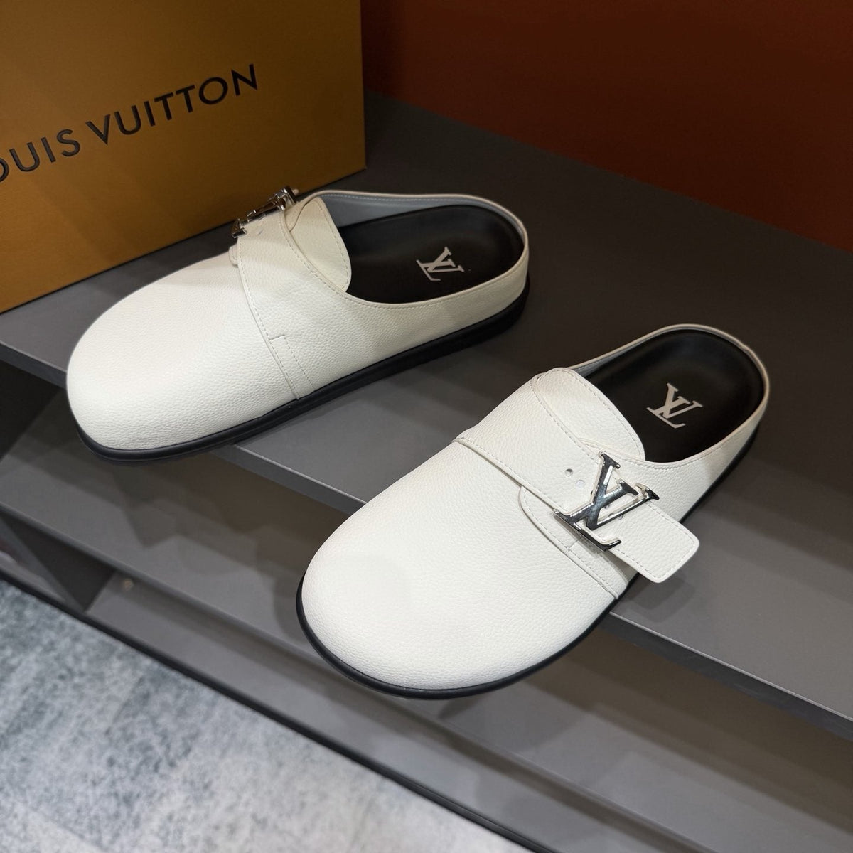 Louis Vuitton Men's Buckled Monogram Mule Shoes