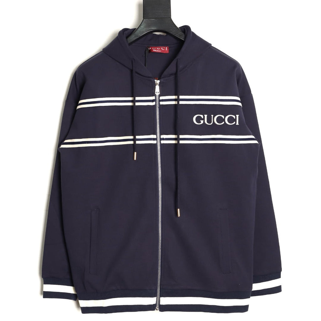 Gucci Chest-Logo Contrast-Stripe Hooded Zip Jacket - Navy