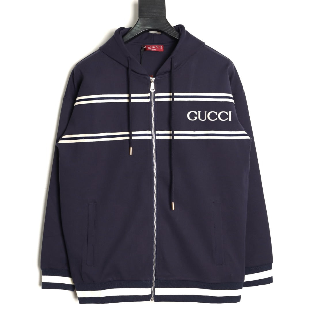 Gucci Chest-Logo Contrast-Stripe Hooded Zip Jacket - Navy