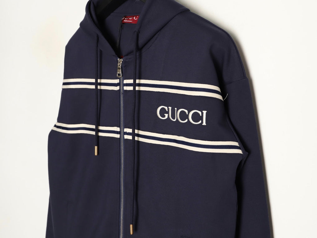 Gucci Chest-Logo Contrast-Stripe Hooded Zip Jacket - Navy